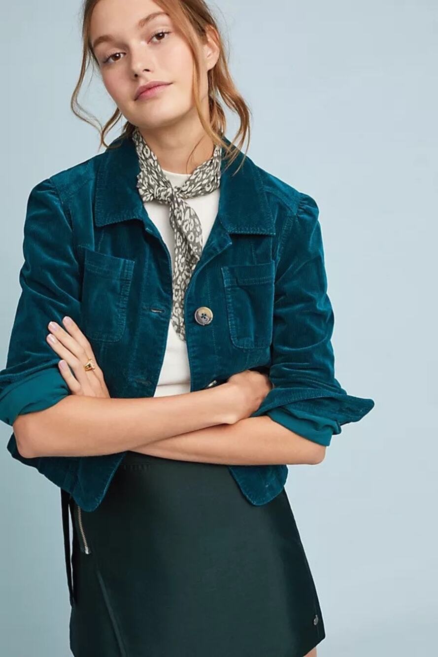Anthropologie Cropped Corduroy Jacket | Women’s L in Teal Green